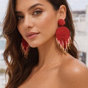 Kay Lee New York | Handmade Beaded Fringe Statement Earrings- Boho Red Pink- NWT